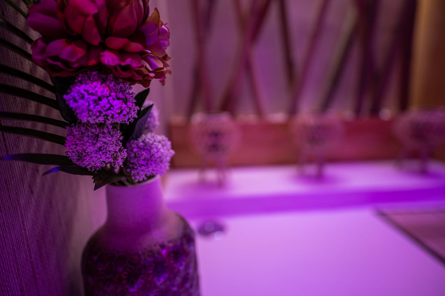 spa-58 Vaso com flores junto a uma parede com iluminação roxa no chão.